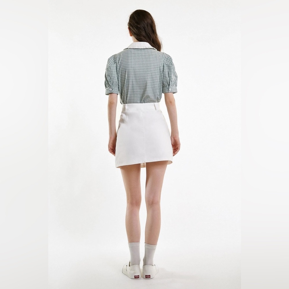 J.Ing Sea Green Plaid Cottage Puff Sleeve Ruffled Statement Collar Shirt Top Nwt — image 5 of 6
